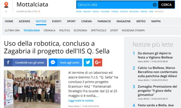 13 giugno 2018 – Mottalciatanews: Uso della robotica, concluso a Zagabria il progetto dell’IIS Q. Sella