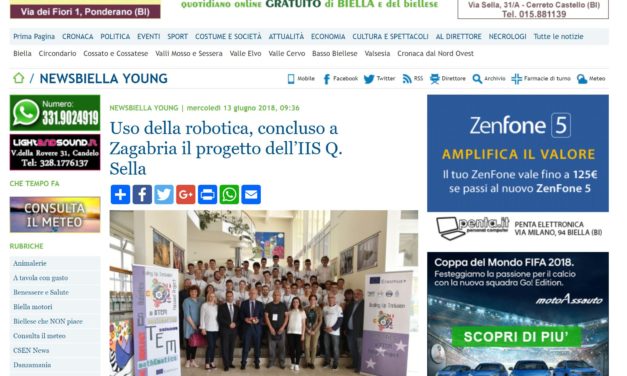 13 giugno 2018 – Biellanews: Uso della robotica, concluso a Zagabria il progetto dell’IIS Q. Sella